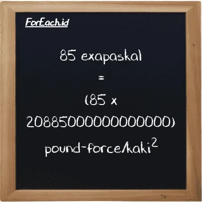 Cara konversi exapaskal ke pound-force/kaki<sup>2</sup> (EPa ke lbf/ft<sup>2</sup>): 85 exapaskal (EPa) setara dengan 85 dikalikan dengan 20885000000000000 pound-force/kaki<sup>2</sup> (lbf/ft<sup>2</sup>)